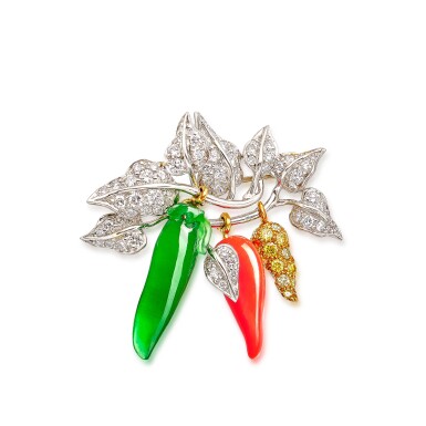 View full screen - View 1 of Lot 1822. Jadeite, Coral and Diamond Brooch | Carvin French | 翡翠,珊瑚及鑽石胸針.