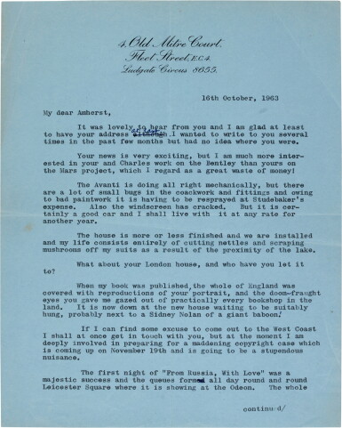 View full screen - View 1 of Lot 116. Ian Fleming | Typed letter signed, to Amherst Villiers, discussing On Her Majesty's Secret Service and the film From Russia, With Love, 1963.