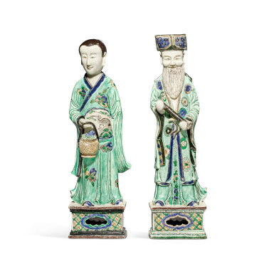 View full screen - View 1 of Lot 609. Two famille-verte biscuit figures of immortals, Qing dynasty, Kangxi period | 清康熙 素三彩蘭采和及張果老立像.