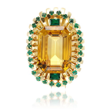 View full screen - View 1 of Lot 84. CITRINE AND EMERALD BROOCH.