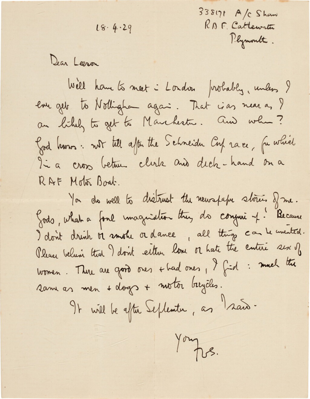 View full screen - View 1 of Lot 73. T. E. Lawrence | Autograph letter signed, to Leeson, telling him to ignore reports of his misogyny, 18 April 1929.