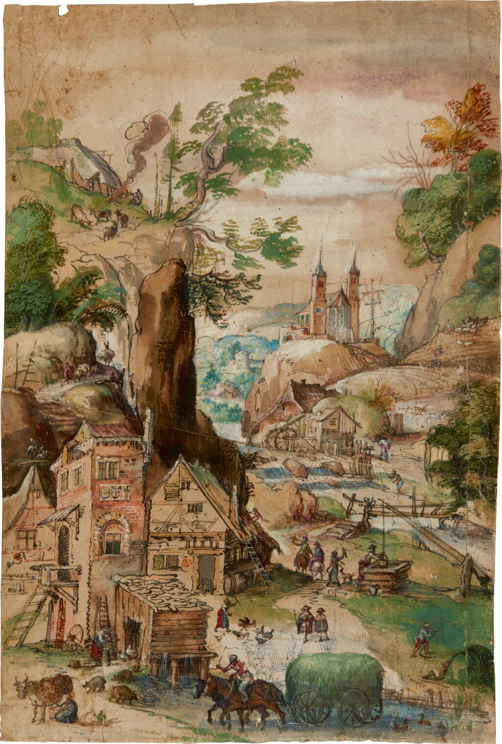 View full screen - View 1 of Lot 4. Extensive mountainous landscape with a church on a rock, a mill and other farm buildings and figures.
