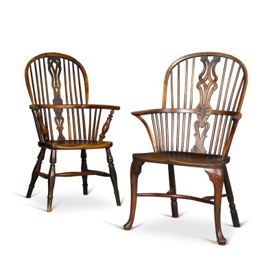 View full screen - View 1 of Lot 106. A group of four Georgian yew, ash and elm Windsor chairs, Thames Valley, first half 19th century.