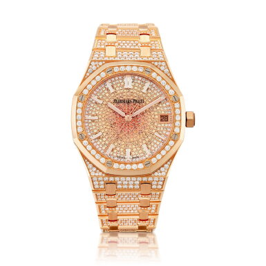 View full screen - View 1 of Lot 8022. Royal Oak, Reference 15502OR.ZZ.1222OR.01 | A pink gold, diamond and orange sapphire-set bracelet watch with date, Circa 2020 | 愛彼 | 皇家橡樹系列 型號15502OR.ZZ.1222OR.01 | 粉紅金鑲鑽石及橙色藍寶石鏈帶腕錶,備日期顯示,約2020年製.