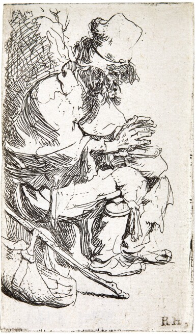 View full screen - View 1 of Lot 44. REMBRANDT HARMENSZ. VAN RIJN | BEGGAR SEATED WARMING HIS HANDS AT A CHAFING DISH (B., HOLL. 173; NEW HOLL. 44; H. 8).