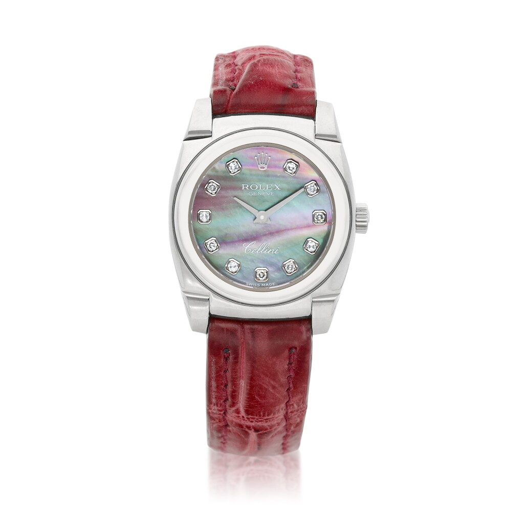 View full screen - View 1 of Lot 8164. Cellini, Reference 5310 | A white gold and diamond-set wristwatch with mother-of-pearl dial, Circa 1999 | 勞力士 | Cellini 型號5310 | 白金鑲鑽石腕錶,備珠母貝錶盤,約1999年製.