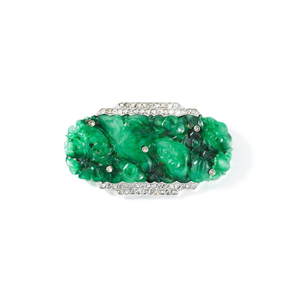 View full screen - View 1 of Lot 89. Jadeite and diamond brooch .