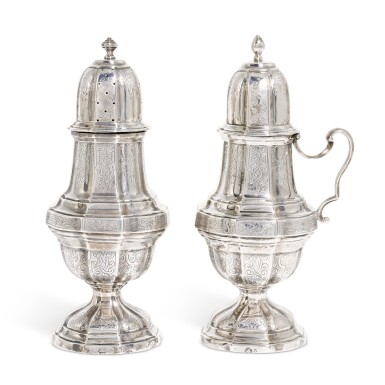 View full screen - View 1 of Lot 59. A Flemish silver mustard pot and caster, possibly C.J du Curon, Tienen, circa 1740.