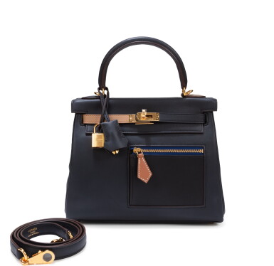 View full screen - View 1 of Lot 1375. Limited Edition Blue Marine, Black, Chai, Gold and Etoupe Swift Colourmatic Kelly 25 Retourne Palladium Hardware, 2022.