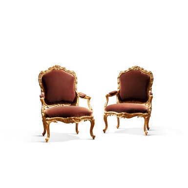 View full screen - View 1 of Lot 39. A pair of Louis XV giltwood fauteuils à la reine by Nicolas Heurtaut, circa 1755.