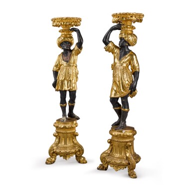View full screen - View 1 of Lot 73. A pair of Italian polychrome and giltwood carved figural torchères, Venice, 19th century.