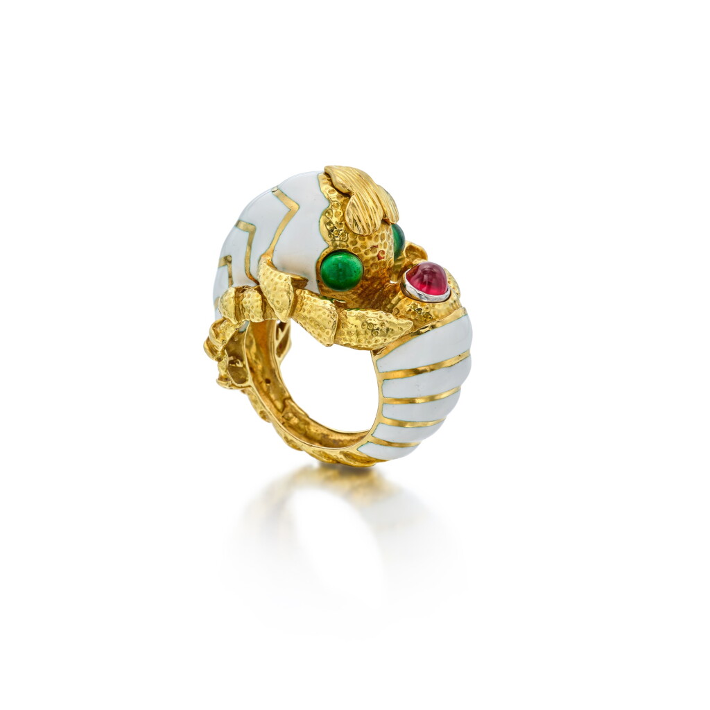 View full screen - View 1 of Lot 288. Gold, Enamel and Ruby Ring.
