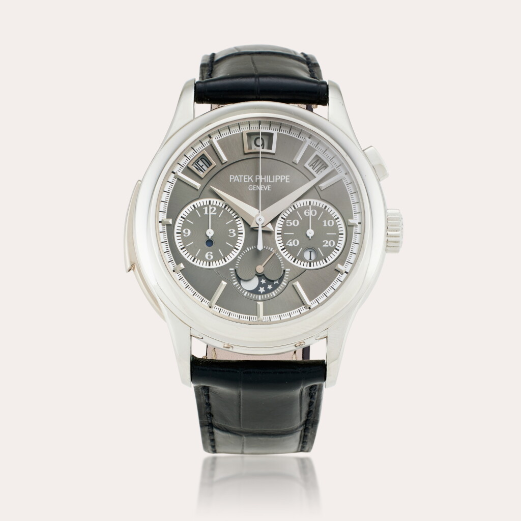 View full screen - View 1 of Lot 21. Reference 5208P | A platinum automatic minute repeating perpetual calendar mono-pusher chronograph wristwatch with moon phases, leap year and day/night indication, Circa 2020.