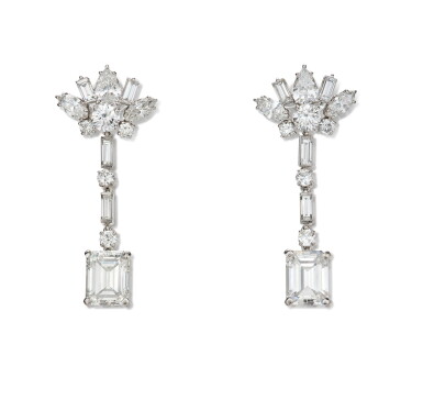 View full screen - View 1 of Lot 116. Pair of Diamond Pendant-Earclips, France 鑽石耳墜一對,法國.