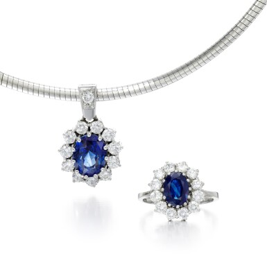 View full screen - View 1 of Lot 305. SAPPHIRE AND DIAMOND PENDANT NECKLACE AND RING.