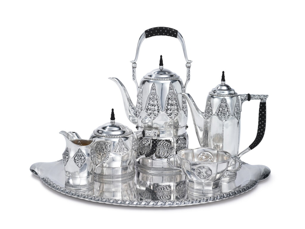 View full screen - View 1 of Lot 451. A German Silver Jugendstil Five-Piece Tea and Coffee Set with Matching Tray, Designed by Fritz Schmoll von Eisenworth for Bruckmann & Söhne, Heilbronn, Circa 1913.