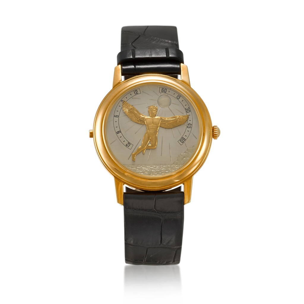 View full screen - View 1 of Lot 248. Bras en l'Air 'Jkarus' | A limited edition yellow gold wristwatch with retrograde hands | Circa 1990.