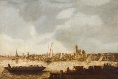 View full screen - View 1 of Lot 201. DUTCH SCHOOL, 18TH CENTURY | View of a coastal city with a cathedral, a ferry in the foreground.