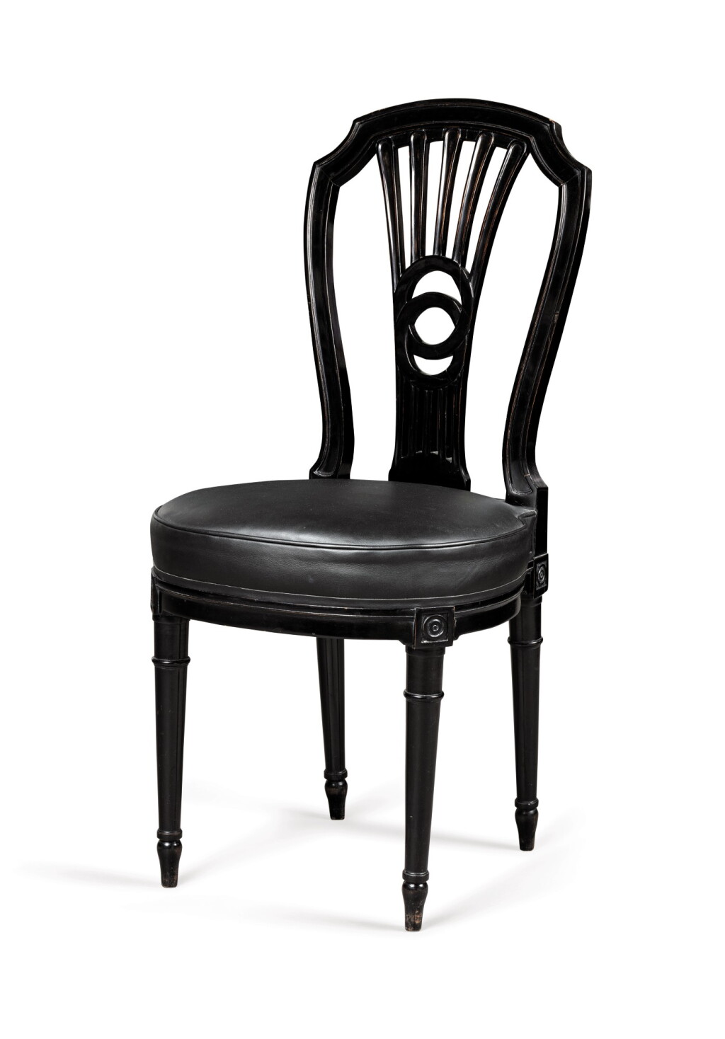 View full screen - View 1 of Lot 278. A suit of fifteen Louis XVI black relacquered wood dining chairs, late 19th century.