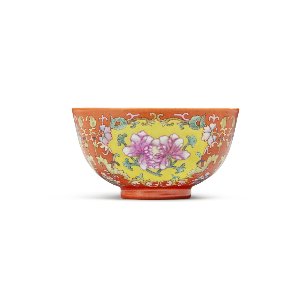 View full screen - View 1 of Lot 37. A coral-red-ground famille-rose 'peony' bowl, Late Qing dynasty .