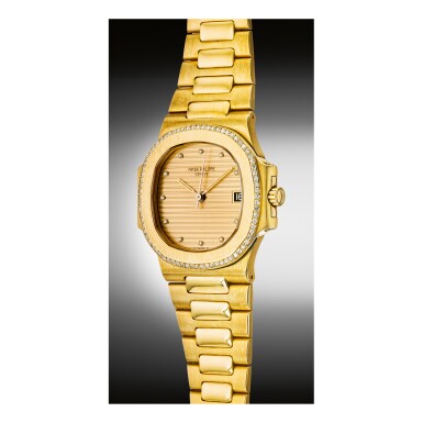 View full screen - View 1 of Lot 911. PATEK PHILIPPE | REF 3800/2 NAUTILUS, A YELLOW GOLD AND DIAMOND-SET AUTOMATIC WRISTWATCH WITH DATE AND BRACELET, MADE IN 1982 | 百達翡麗 | 3800/2型號「NAUTILUS」黃金鑲鑽石自動上鏈鍊帶腕錶備日期顯示,1982年製.