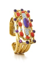 DAVID WEBB | GOLD, CORAL, AMETHYST AND DIAMOND CUFF-BRACELET