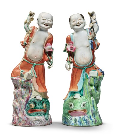 View full screen - View 1 of Lot 9. Two Rare Chinese Export Famille-rose Figures of Liuhai Qing Dynasty, Qianlong Period.
