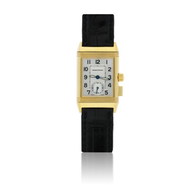 View full screen - View 1 of Lot 83. JAEGER-LECOULTRE | REF 255.1.82 REVERSO MEMORY, A YELLOW GOLD RECTANGULAR REVERSIBLE WRISTWATCH WITH FLY BACK 60-MINUTE COUNTER CIRCA 2000.