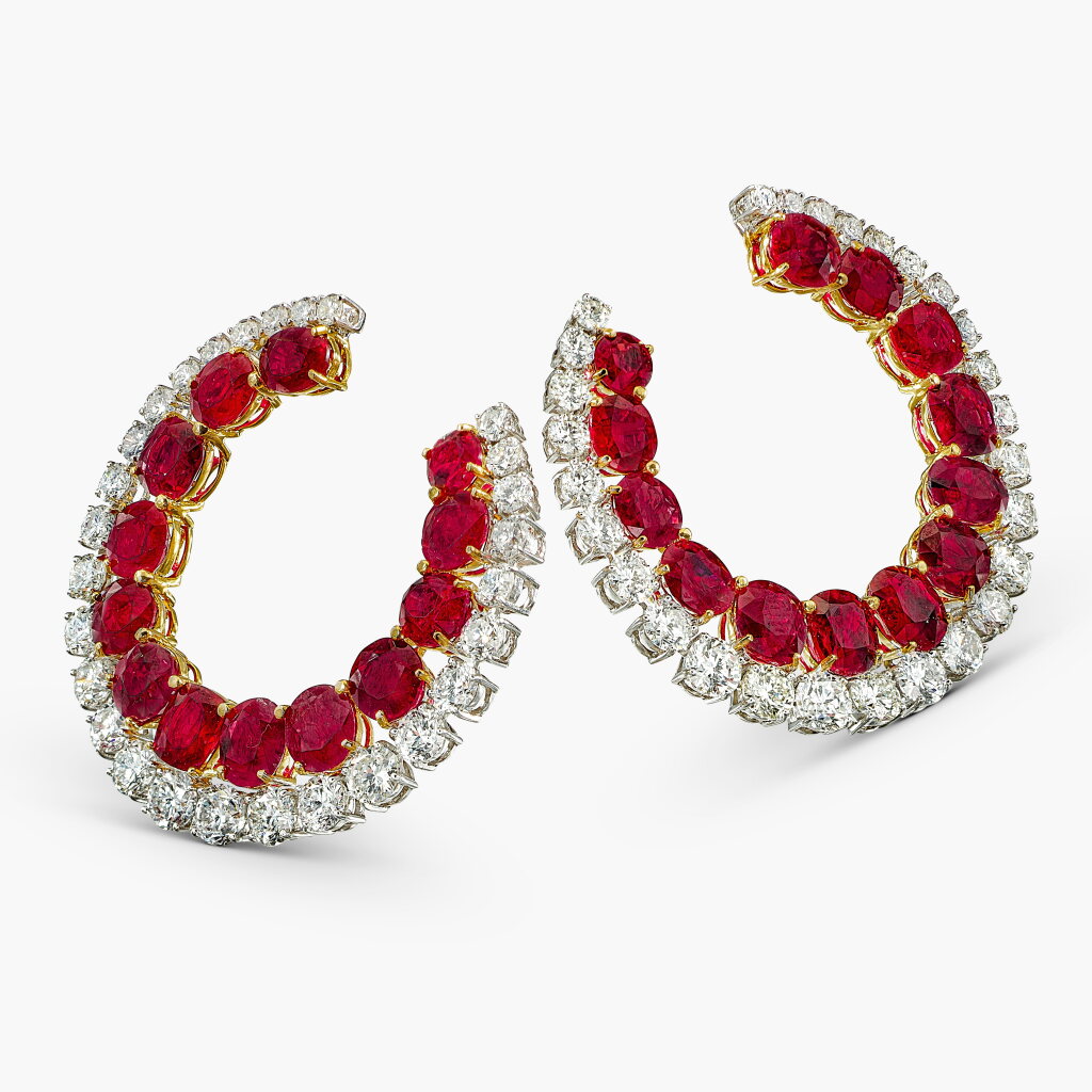 View full screen - View 1 of Lot 1609. Pair of Ruby and Diamond Earrings | 紅寶石 配 鑽石 耳環一對.