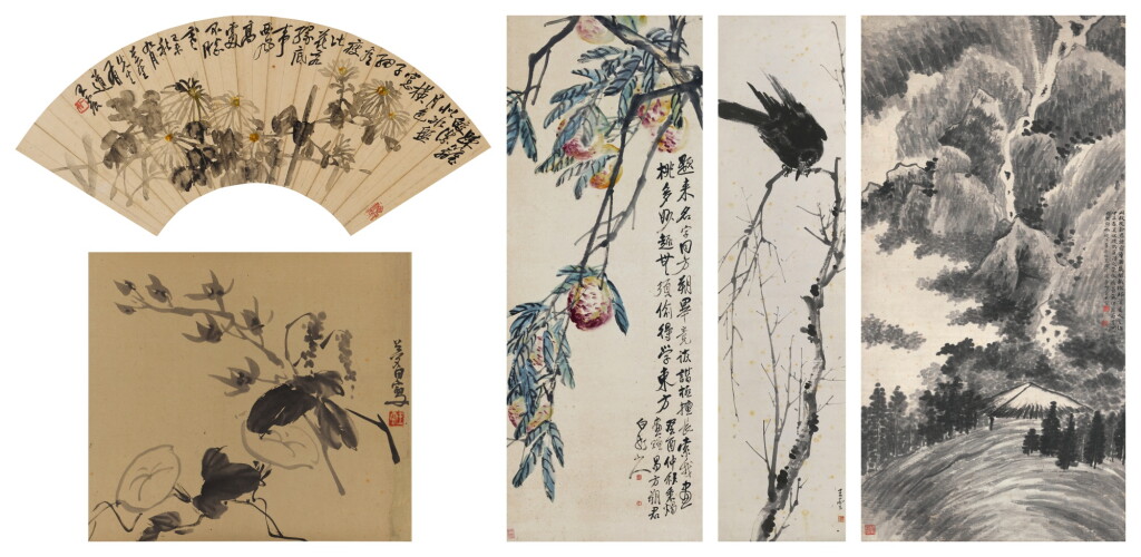 View full screen - View 1 of Lot 116. Wang Zhen (1867-1938), Wang Mengbai (1888-1934), Yu Yushuang (1874-1922), A group of five paintings of blossoms and landscape.