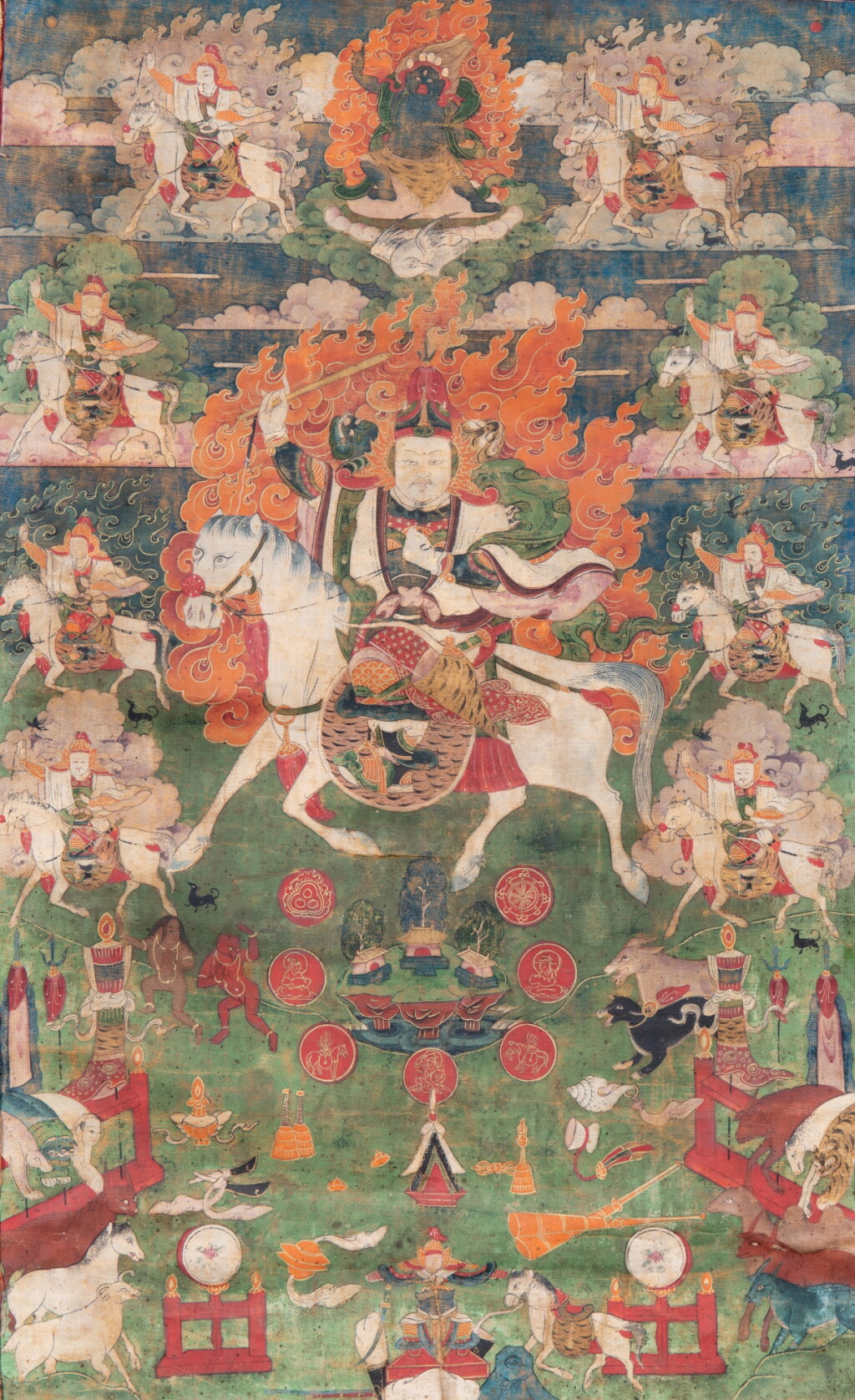 View full screen - View 1 of Lot 25. A thangka depicting Drala Tatug Karpo, Inner Mongolia, Qing dynasty, 18th century | 內蒙古 清十八世紀 威勝天王唐卡 設色布本.