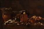 Still life with a mallard, songbirds, other game, and a wicker basket filled with baked goods, on a stone ledge