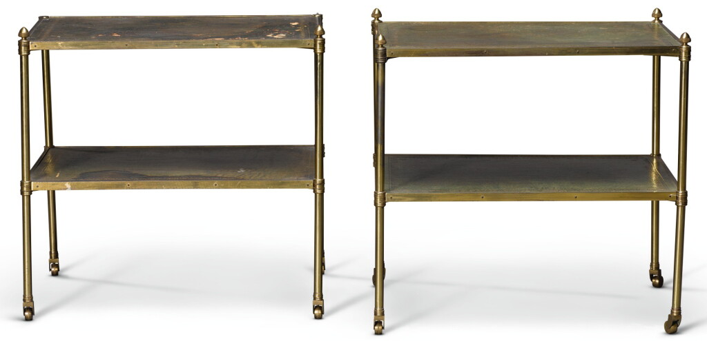 View full screen - View 1 of Lot 119. A PAIR OF LACQUERED-BRASS AND GREEN LEATHER INSET TWO-TIER ETAGERES, 20TH CENTURY, PROBABLY SUPPLIED BY MALLETT.
