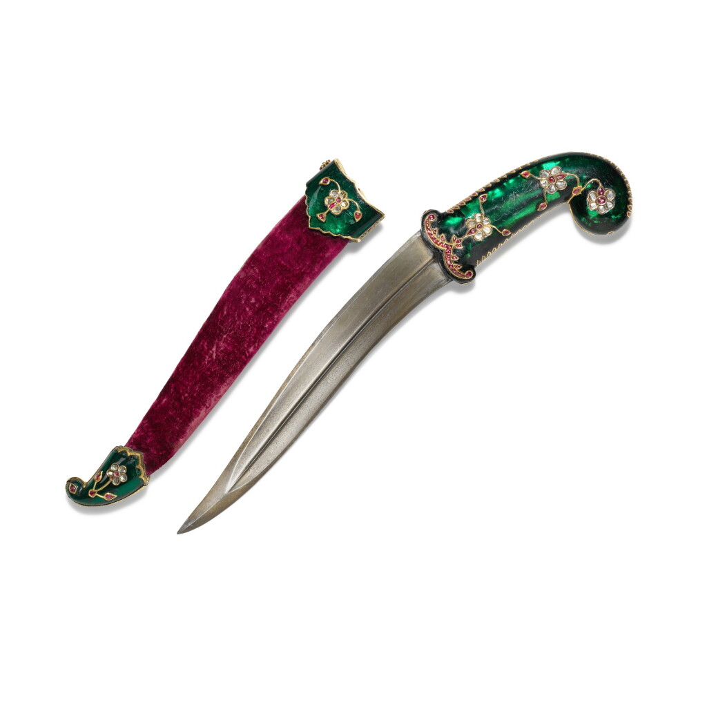 View full screen - View 1 of Lot 115. A Mughal gem-set glass-hilted dagger and scabbard, India, 18th century.