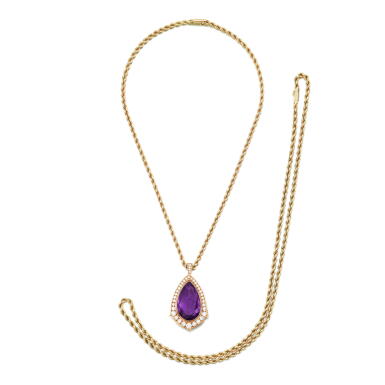 View full screen - View 1 of Lot 122. Amethyst and diamond pendant and two chains.