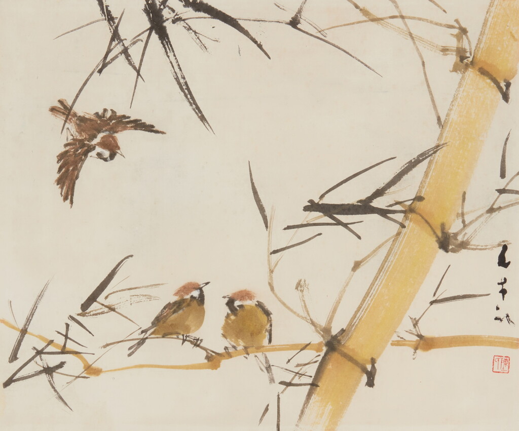 View full screen - View 1 of Lot 2019. Chen Wen Hsi 陳文希 | Three sparrows with bamboo 竹上三麻雀.