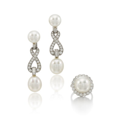 View full screen - View 1 of Lot 119. Cultured Pearl and Diamond Pendent Earrings, Adler and a Cultured Pearl Ring.