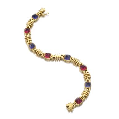 View full screen - View 1 of Lot 218. PINK TOURMALINE AND AMETHYST BRACELET, BULGARI.