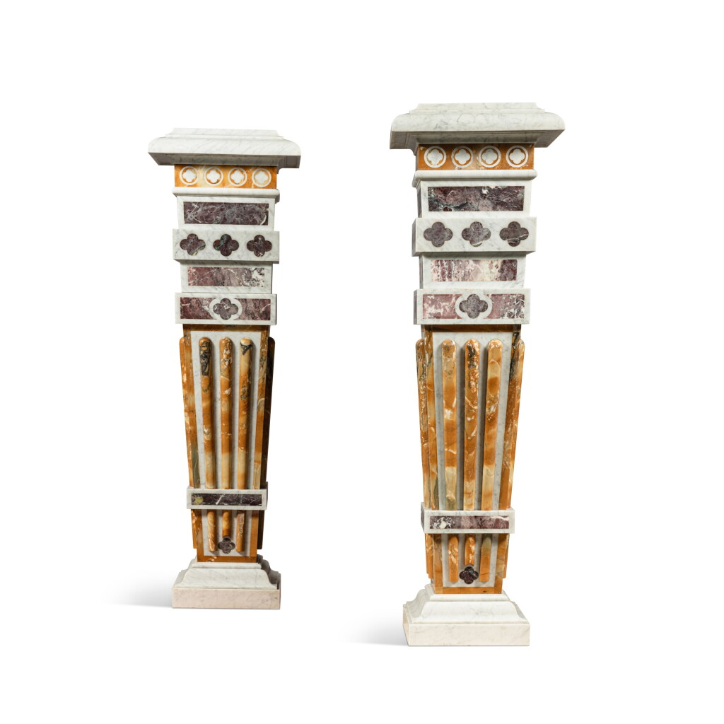 View full screen - View 1 of Lot 688. A pair of George II style white, Sienna and Sicilian jasper marble term pedestals, modern work, after the model by Sir Henry Cheere for the Music Room at West Wycombe Park.