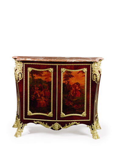 View full screen - View 1 of Lot 20. A Louis XV/XVI Transitional Style Gilt-Bronze Mounted Kingwood and Vernis-Martin decorated Meuble à Hauteur d'Appui, Late 19th Century.