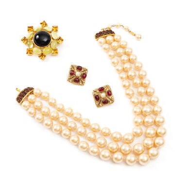 View full screen - View 1 of Lot 340. Set of Three: A Faux Pearl Necklace by Victoire de Castellane, ca. 1985; A Cabochon Brooch, Fall 1996 and A Pair of Red Cabochon Earrings Clips, ca. 1980.
