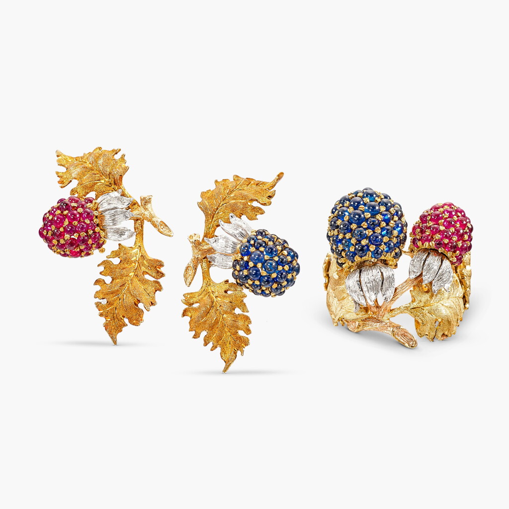 View full screen - View 1 of Lot 1214. Ruby and Sapphire Demi-Parure | 布契拉提 | 紅寶石 配 藍寶石 戒指 配 耳夾套裝.