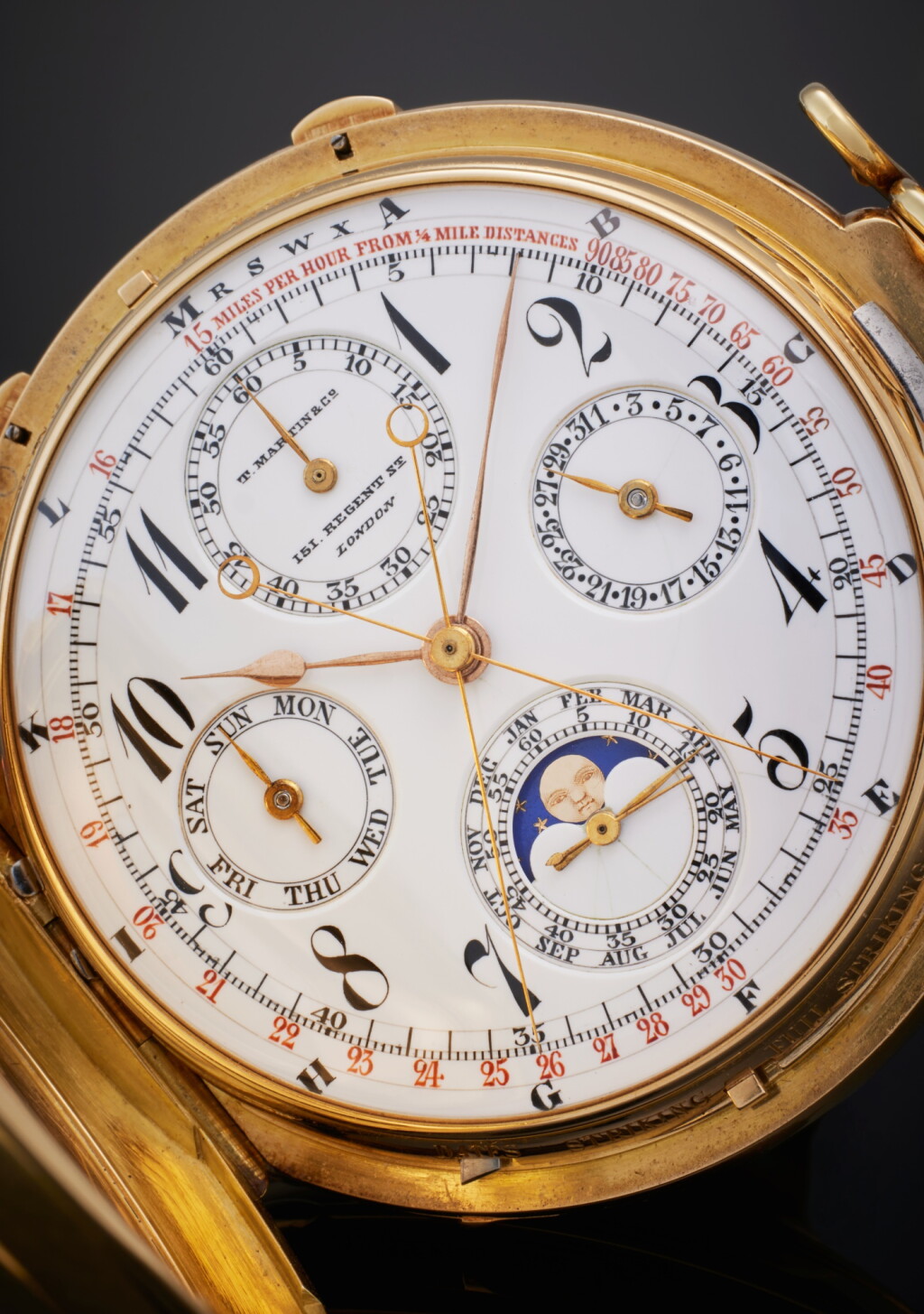 View full screen - View 1 of Lot 40. Retailed by T. Martin, Regent St.: A heavy yellow gold and enamel half-hunting cased two train keyless perpetual calendar minute repeating split-seconds grande and petite sonnerie clock watch with red ¼ mile tachymeter and alphabetic scale, No. 41300, 2409, Made in 1894.