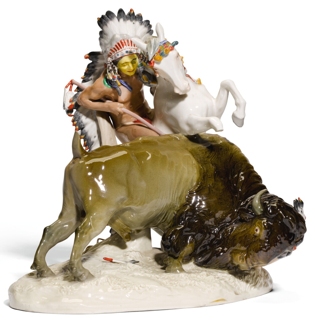 View full screen - View 1 of Lot 24. A MEISSEN ALLEGORICAL GROUP OF A BRAVE AND BISON, EMBLEMATIC OF THE AMERICAS FROM A SET OF THE CONTINENTS, CIRCA 1906.
