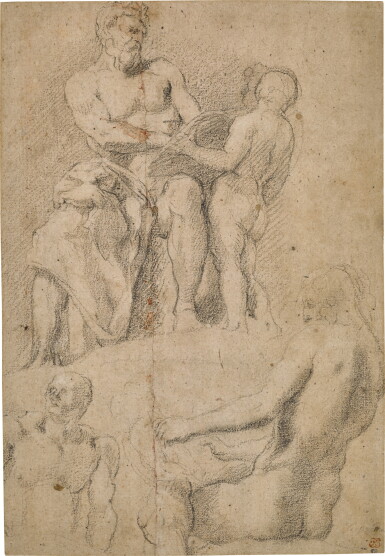 View full screen - View 1 of Lot 119. Recto: Study for a Sculpture, with subsidiary studies of the same sculpture, from a different angle Verso: Study of a male nude, half length, leaning forward.