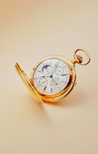 View full screen - View 1 of Lot 127. No. 65881 | Retailed by Bailey Banks & Biddle Co.: A rare pink gold hunting cased 5-minute repeating perpetual calendar chronograph watch with moon phases, Made in 1884.