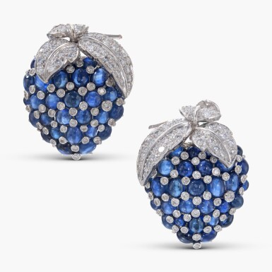 View full screen - View 1 of Lot 879. Pair of Sapphire and Diamond Earrings.