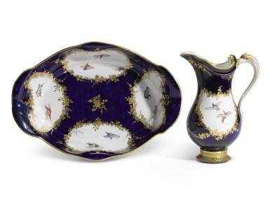 View full screen - View 1 of Lot 91. A VINCENNES PORCELAIN BLEU LAPIS EWER AND BASIN, 1753-4.