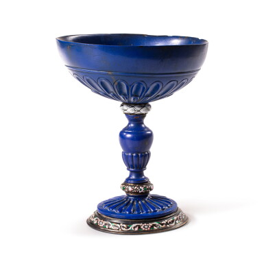 View full screen - View 1 of Lot 155. An enamelled silver-mounted lapis lazuli chalice, in the manner of Reinhold Vasters, Germany, late 19th century.