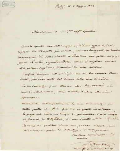 View full screen - View 1 of Lot 29. L. Cherubini. Autograph letter signed, to Spontini, 16 May 1824.